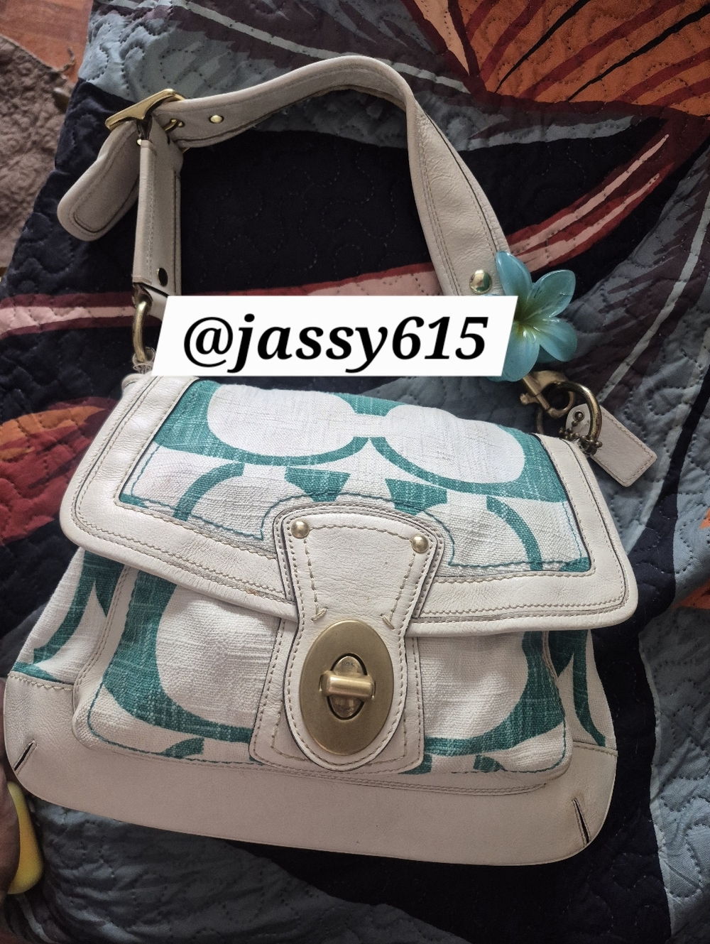 Coach White and Teal Signature Canvas Shoulder Bag with Turn-Lock